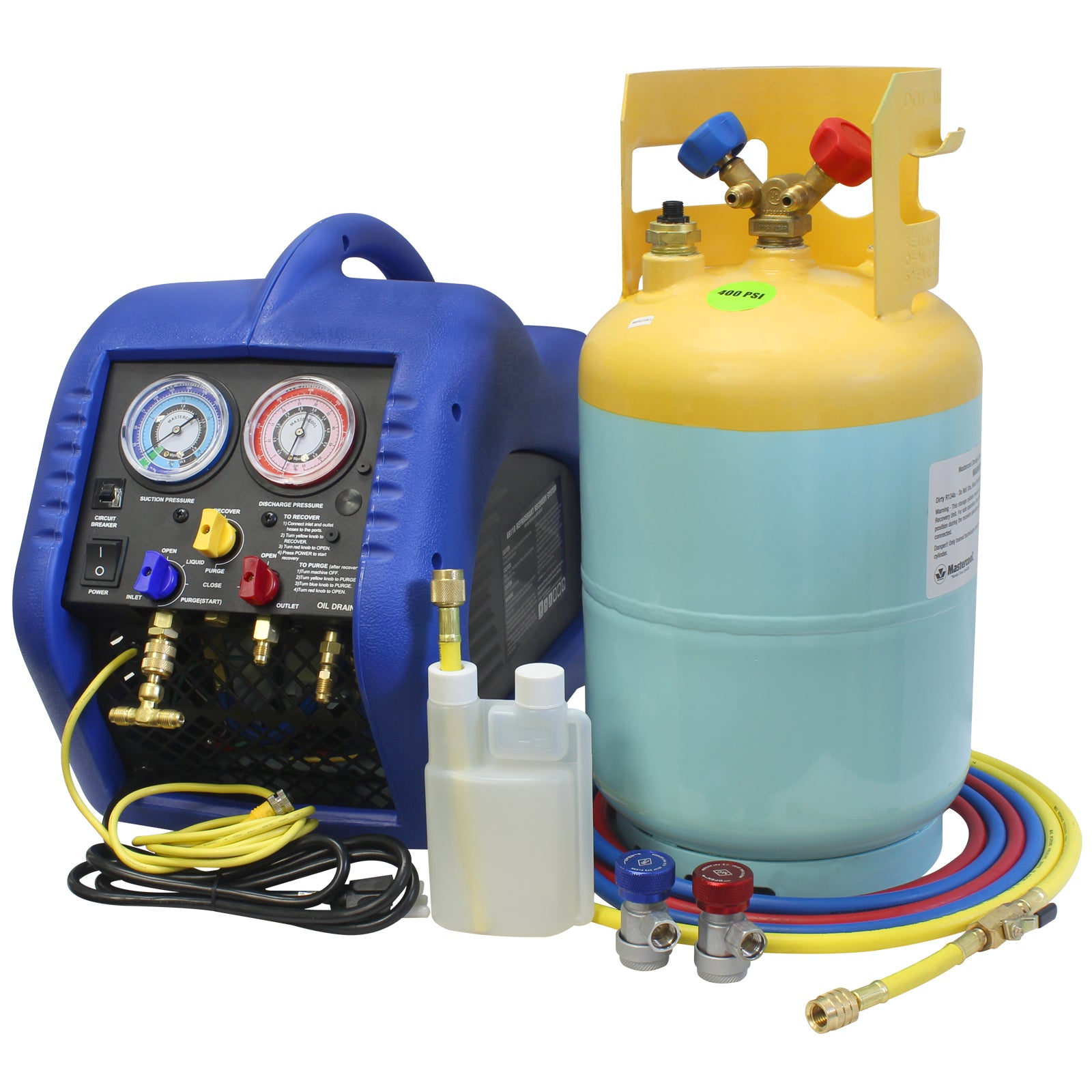 Mastercool 69110 Automotive A/C Recovery System complete kit with 30 lb DOT tank, hoses, couplers, and oil purge bottle on white background