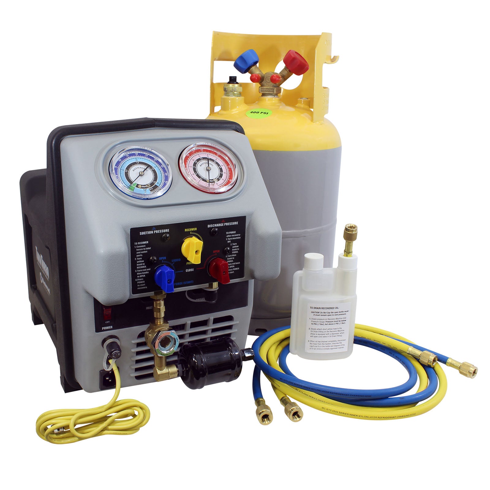 Mastercool 69360-22 Twin Turbo Refrigerant Recovery Machine for Refer Units with 30 lb DOT tank, hoses, and oil drain bottle