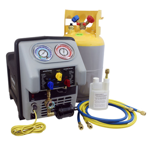 Mastercool 69360-22 Twin Turbo Refrigerant Recovery Machine for Refer Units with 30 lb DOT tank, hoses, and oil drain bottle