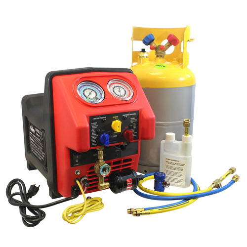 Mastercool 69360-YF Spark Free Twin Turbo Refrigerant Recovery Machine with 30 lb DOT tank, color-coded R1234yf hoses, oil drain bottle, and low-side coupler