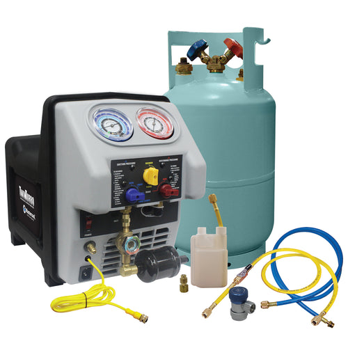 Mastercool 69360 Twin Turbo Refrigerant Recovery System with 30 lb DOT tank, hoses, oil drain bottle, and low side coupler accessories