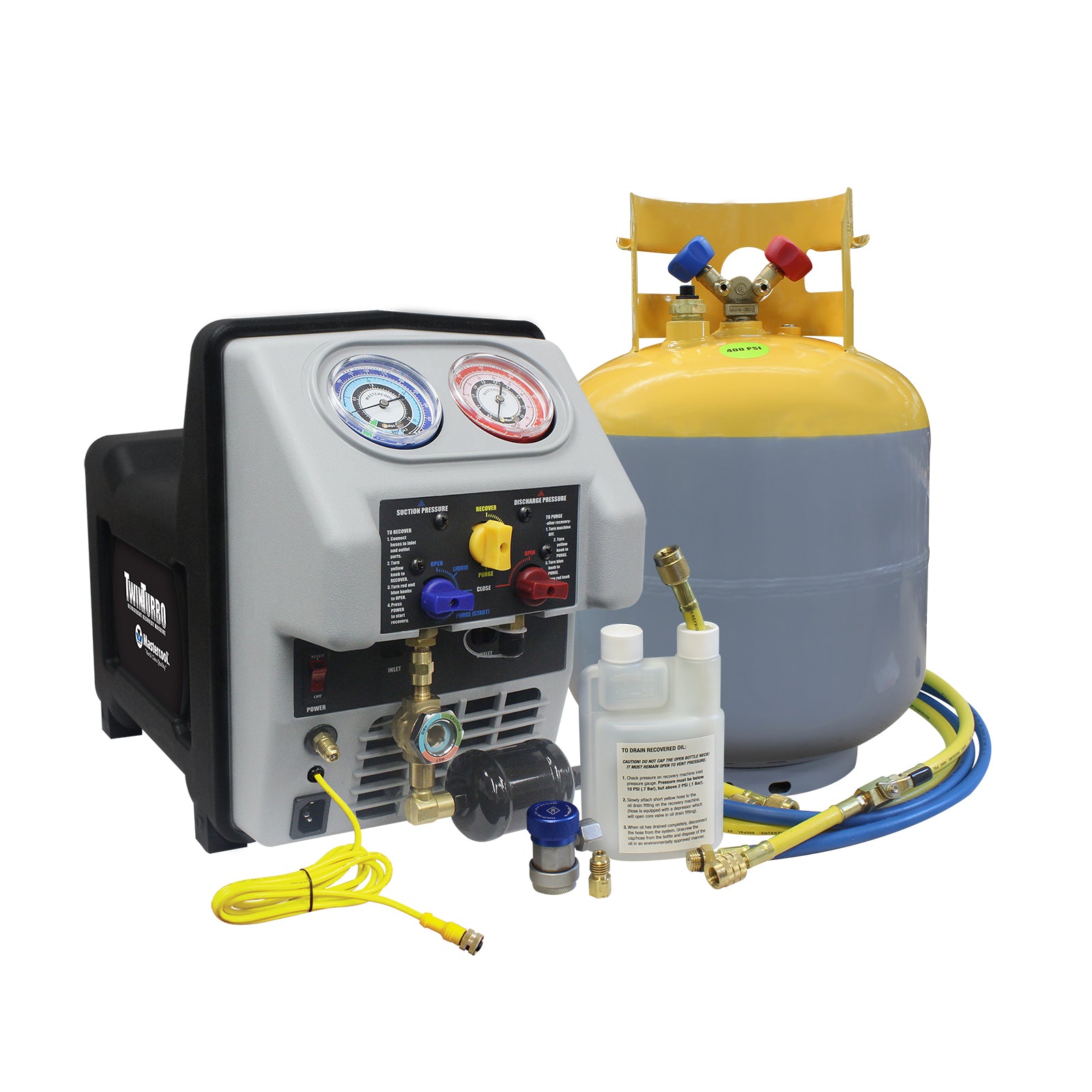 Mastercool 69365 Twin Turbo Refrigerant Recovery System with 50 lb DOT tank, dual pressure gauges, hoses, oil drain bottle, and accessories on white background