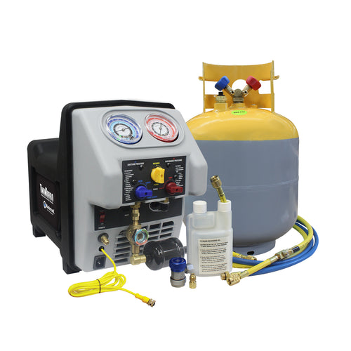 Mastercool 69365 Twin Turbo Refrigerant Recovery System with 50 lb DOT tank, dual pressure gauges, hoses, oil drain bottle, and accessories on white background