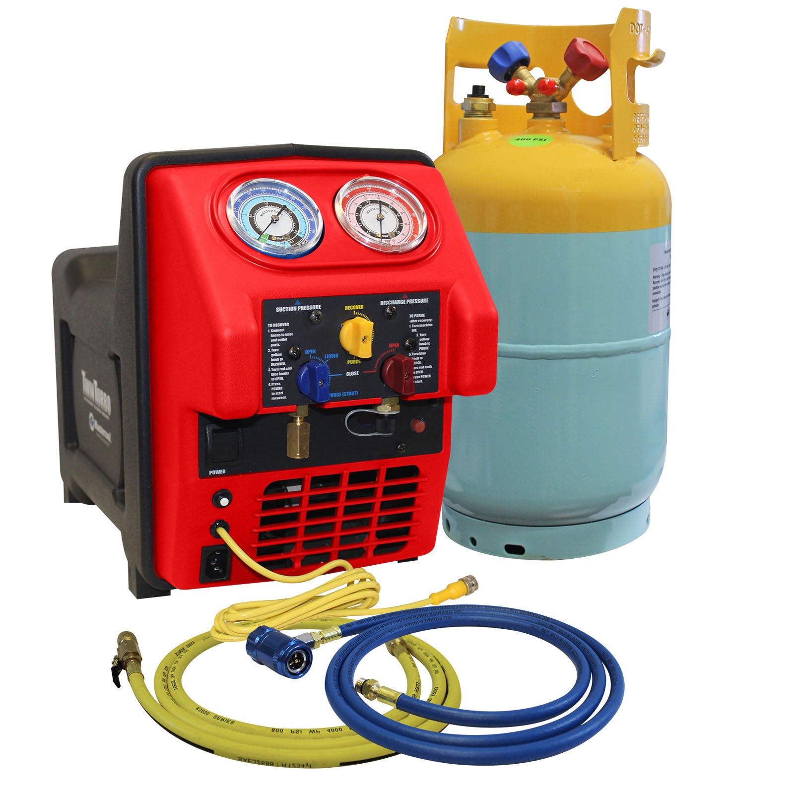 Mastercool 69391 Spark Free Twin Turbo Refrigerant Recovery Machine for R1234yf shown with yellow and blue service hoses and 30 lb DOT recovery tank