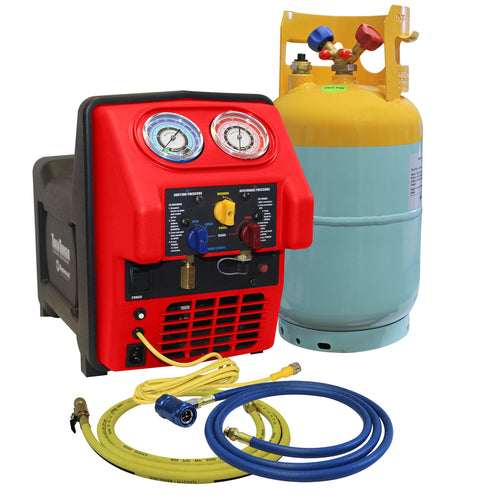 Mastercool 69391 Spark Free Twin Turbo Refrigerant Recovery Machine for R1234yf shown with yellow and blue service hoses and 30 lb DOT recovery tank