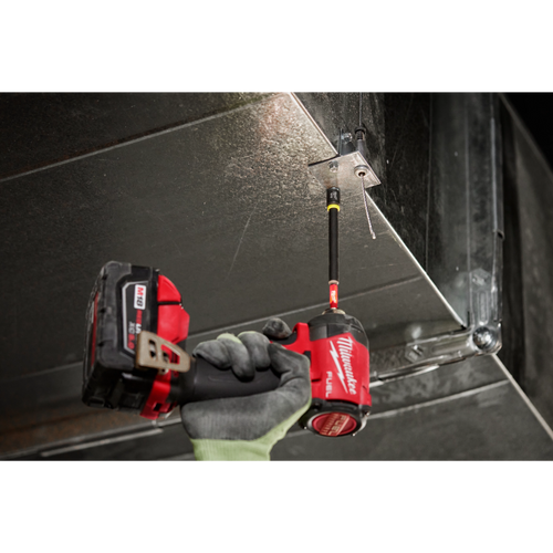 Milwaukee SHOCKWAVE 5/16" x 6" Magnetic Nut Driver in use on sheet metal with M18 FUEL impact driver