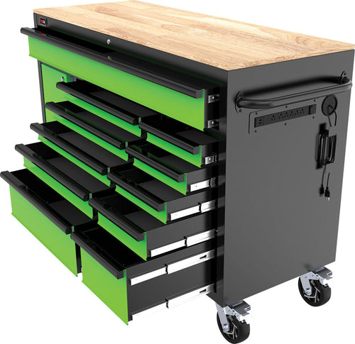 TOBEQ RCBT611123LGBK 61-Inch 11-Drawer Roller Cabinet, rear angle view showing open drawers and side-mounted power strip