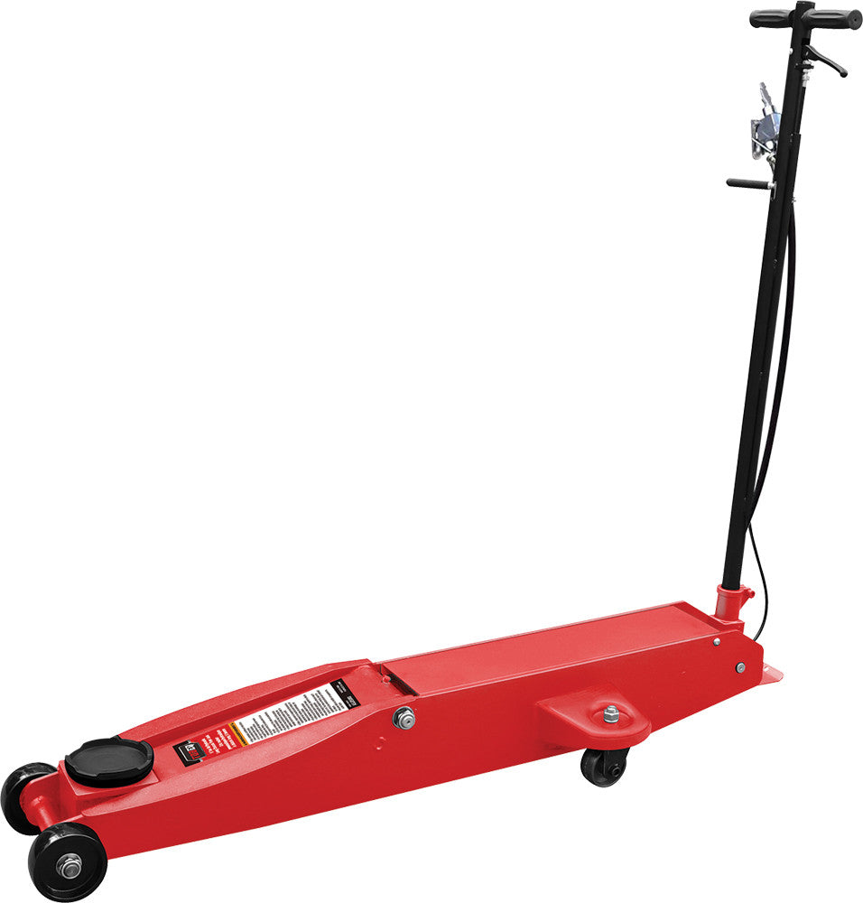 TOBEQ TBQ-ASJ05000A 5-Ton Capacity Air/Hydraulic Long Chassis Floor Jack in red with black handle and pump mechanism on caster wheels