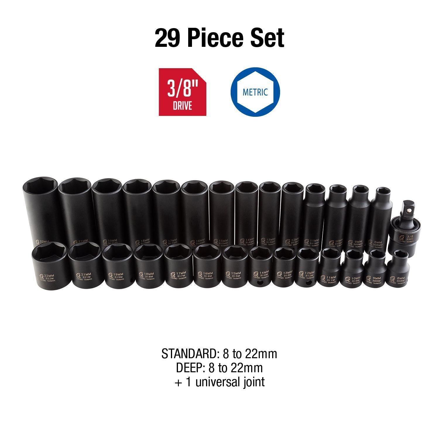 Sunex Tools 3329 29-piece 3/8" drive metric impact socket set lineup, standard 8-22mm and deep 8-22mm plus 1 universal joint