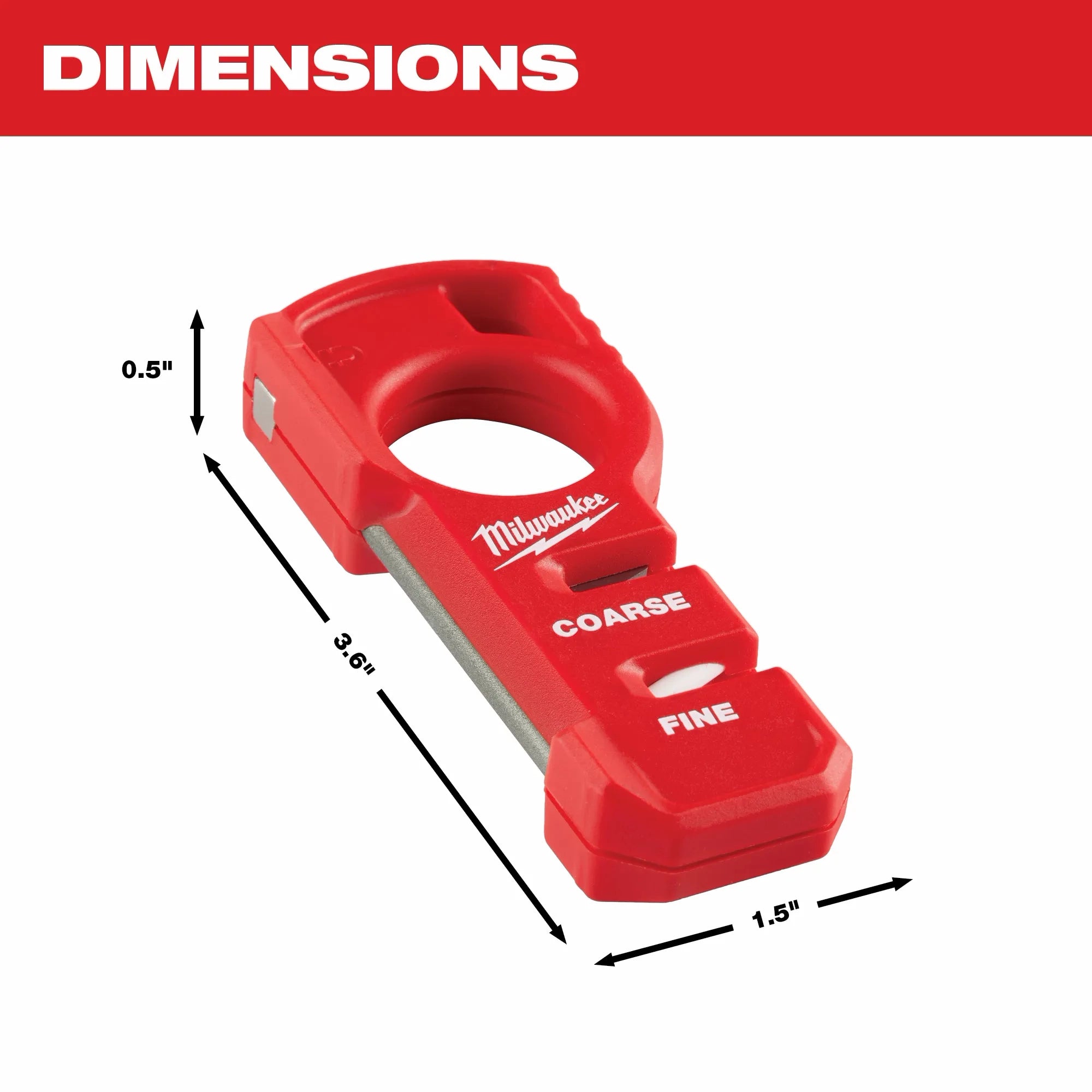 Milwaukee Tool 48-22-1590 Compact Knife Sharpener dimensions diagram: 3.6 in length, 1.5 in width, 0.5 in depth