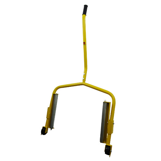 ESCO 70132 Super Wheel Dolly full product view, yellow frame with dual silver rollers and black casters