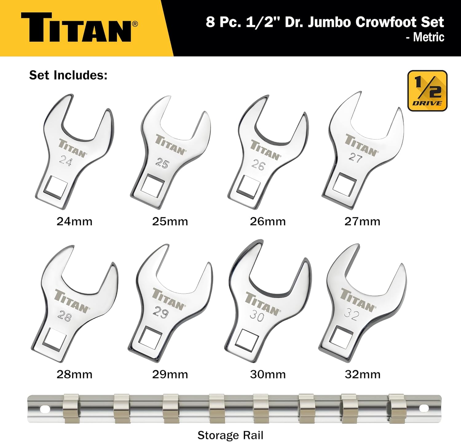 Titan Tools 17678 set contents diagram: 8 crowfoot wrenches 24mm to 32mm with aluminum storage rail, 1/2" drive