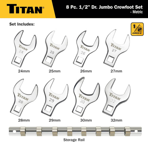 Titan Tools 17678 set contents diagram: 8 crowfoot wrenches 24mm to 32mm with aluminum storage rail, 1/2" drive