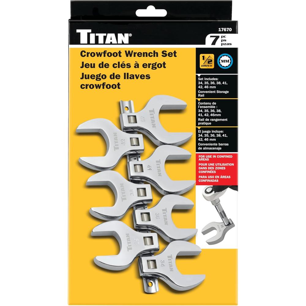 Titan Tools 17670 7pc 1/2" Drive Metric Jumbo Crowfoot Wrench Set, 34mm-46mm