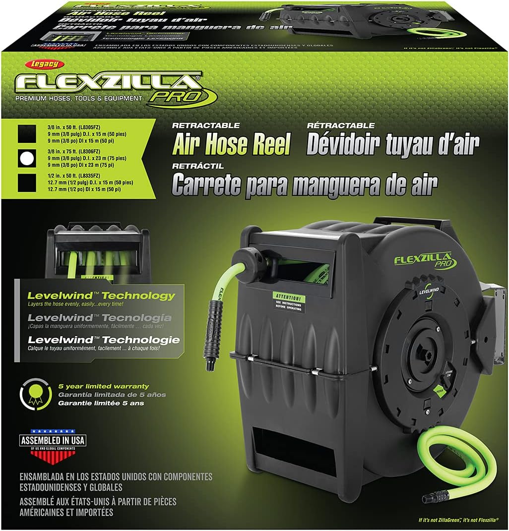 Legacy Manufacturing L8306FZ Flexzilla Enrouleur de tuyau d'air rétractable avec technologie Levelwind, 3/8" X 75'
