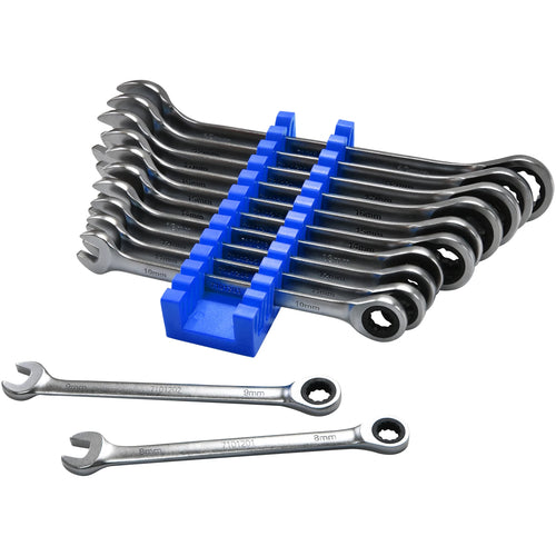 Astro Pneumatic 71012 Razor 12pc Super-Thin Ratcheting Wrench Set 8-19mm with blue storage organizer