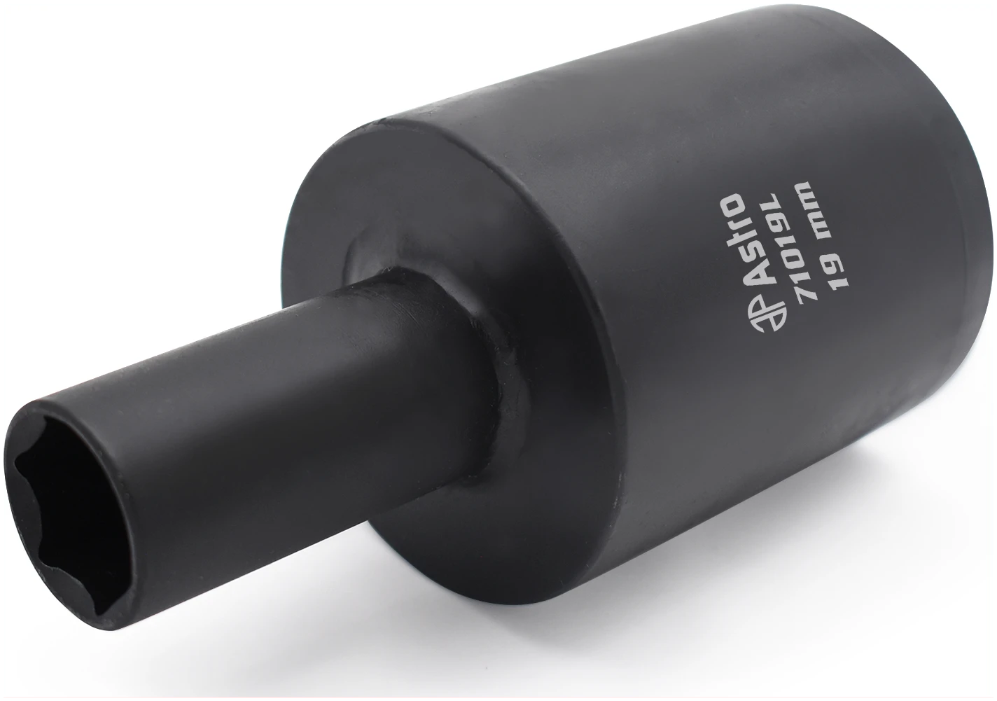 Astro Pneumatic 71019L 19mm Lug Nut Drum Socket - side view showing hollow thin-wall drum design and hex socket opening
