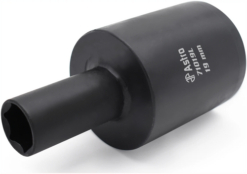 Astro Pneumatic 71019L 19mm Lug Nut Drum Socket - side view showing hollow thin-wall drum design and hex socket opening