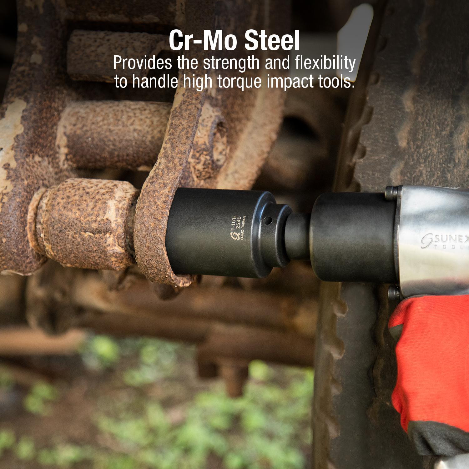Sunex Tools 254D 1-11/16" deep impact socket in use on rusted fastener with impact wrench
