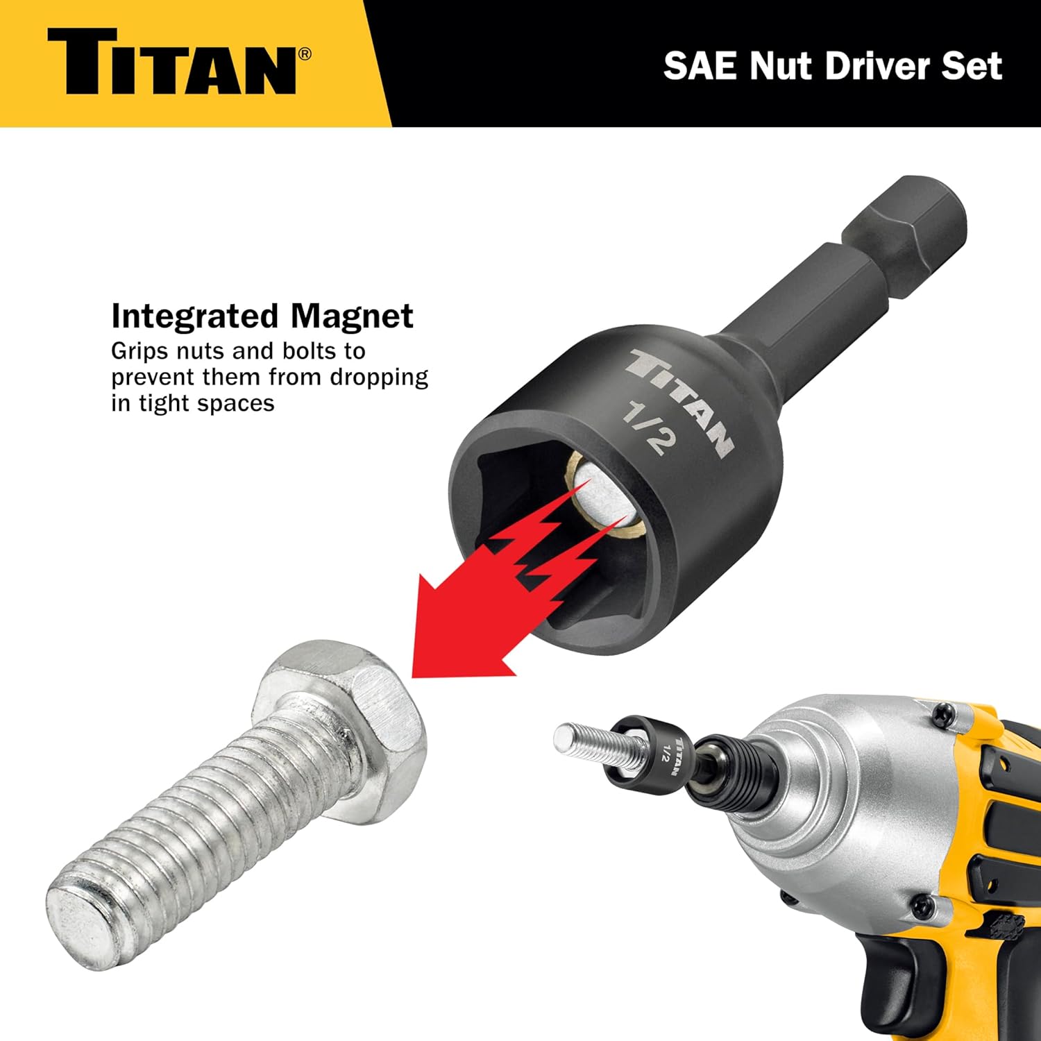 Titan Tools 16298 9pc Magnetic SAE Impact Nut Driver Kit, 1/4"-1/2"