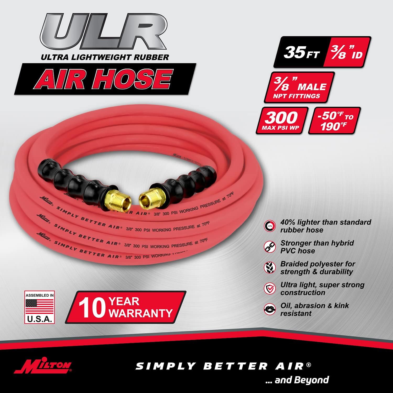 Milton Industries ULR383538 Tuyau d'air en caoutchouc ultra léger 3/8" x 35' avec extrémités 3/8" NPT