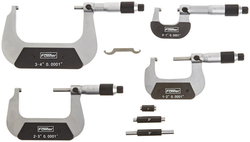 Fowler Precision 72-229-214-0 4pc Swiss-Style Outside Micrometer Set 0-4" flatlay with 1", 2", 3" standards and wrench