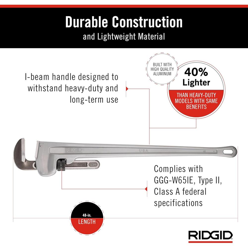 Ridgid 31115 Model 848 Aluminum Straight Pipe Wrench, 48" Plumbing Wrench