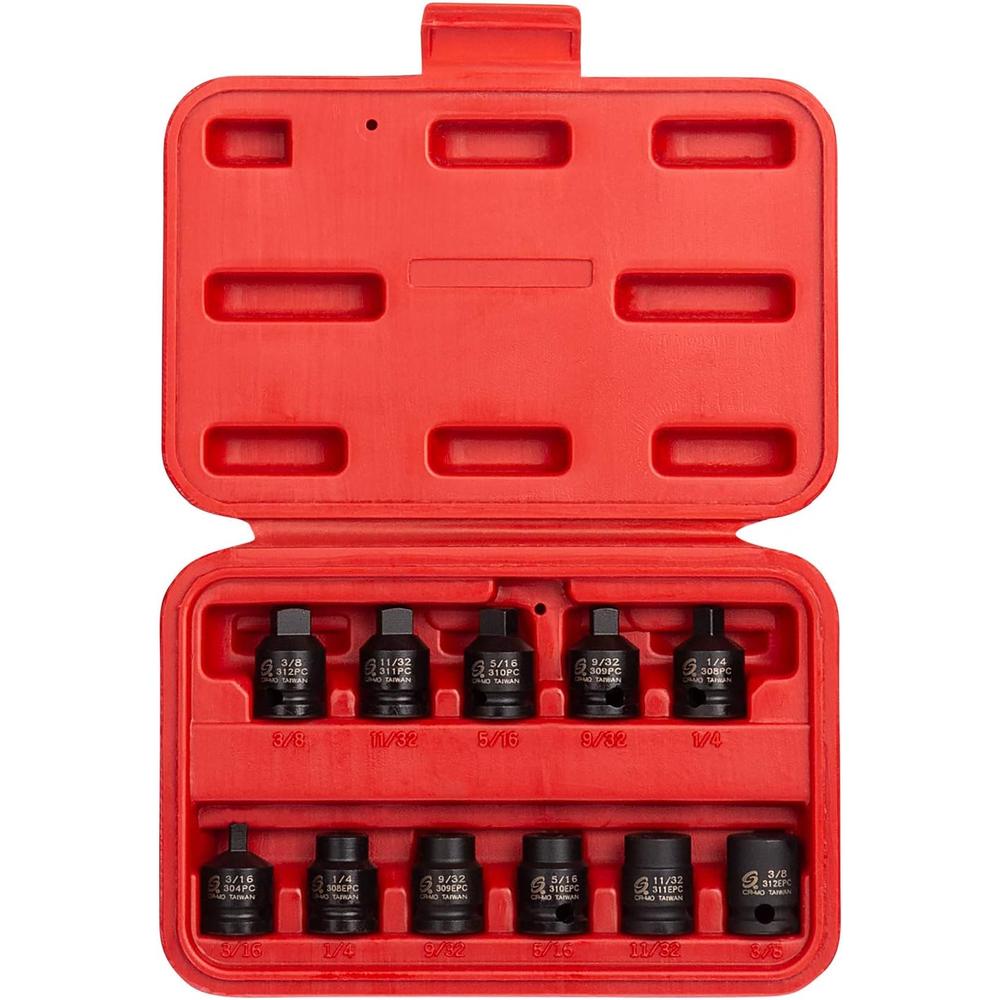 Sunex Tools 3841 3/8 in. Drive Pipe Plug Socket Set, 11 pieces, SAE, 7/16" - 5/8", Cr-Mo Steel, Tapered Male Square Drive, Chamfered Female Square Drive, Heavy Duty Storage