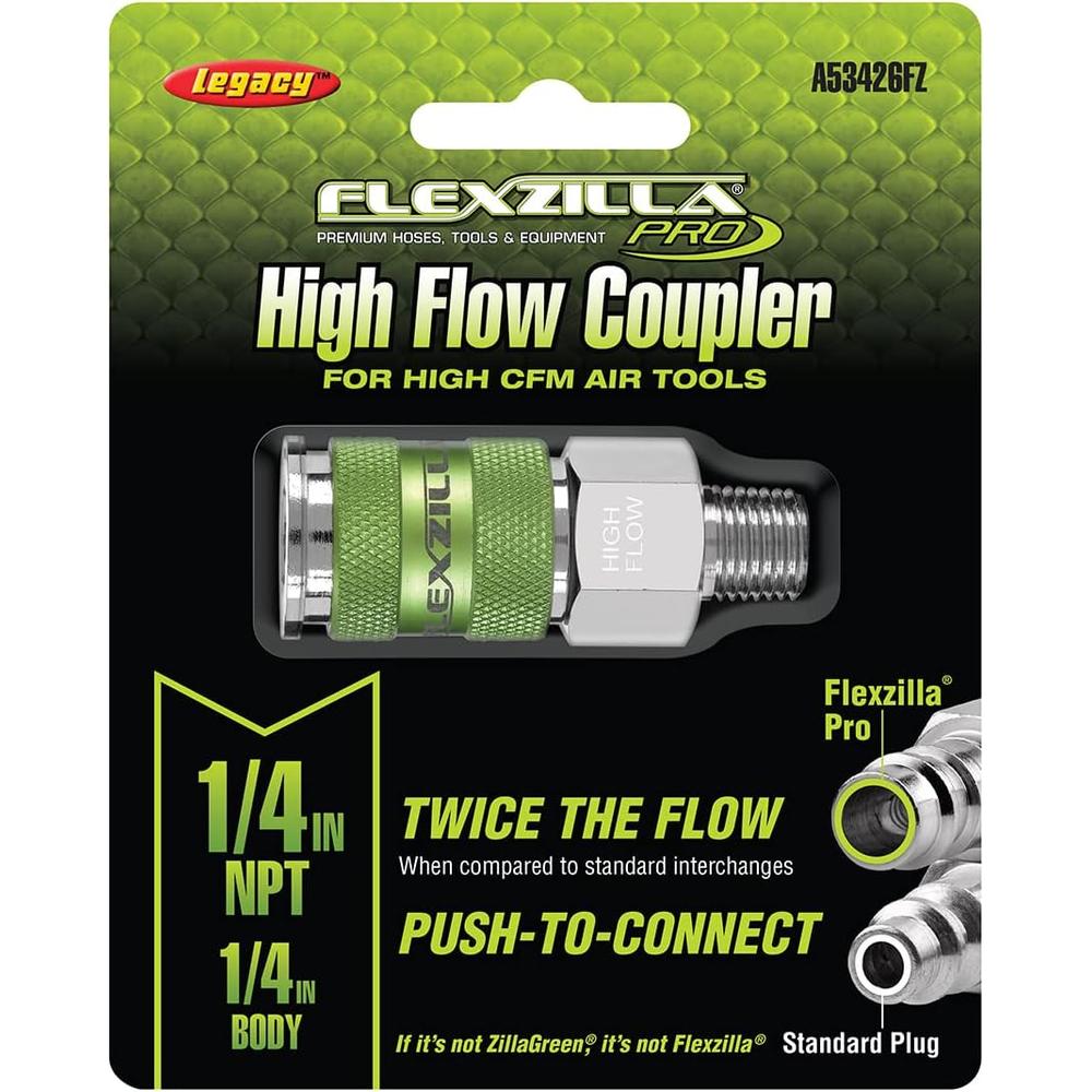 Legacy Manufacturing A53426FZ Flexzilla Pro High Flow Coupler, 1/4" MNPT, 1/4" Body