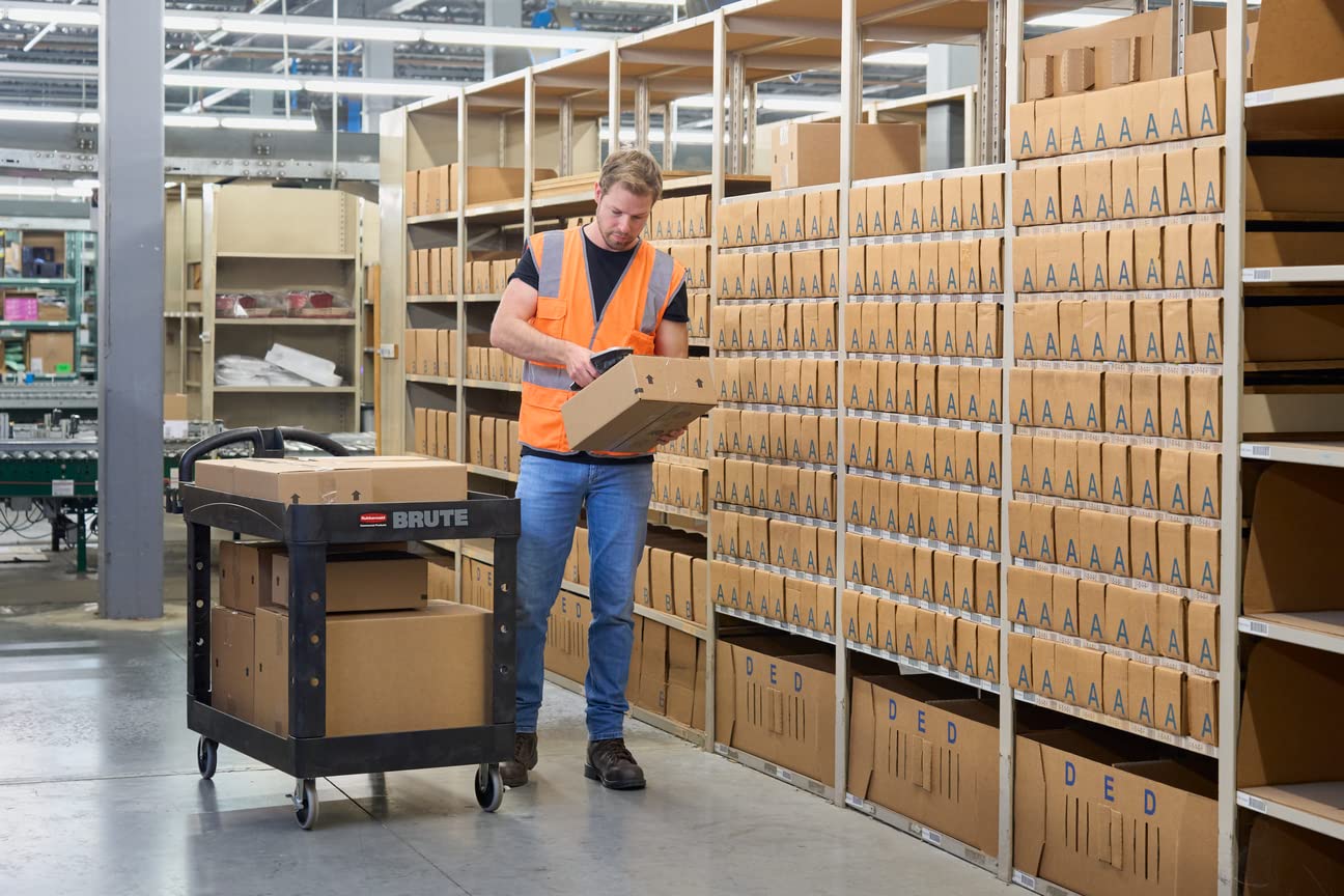 Rubbermaid Commercial Products RCPFG452088BLA Heavy-Duty Ergo Handle Utility Cart, Lipped Shelf, Medium, 500 lb Capacity - Black