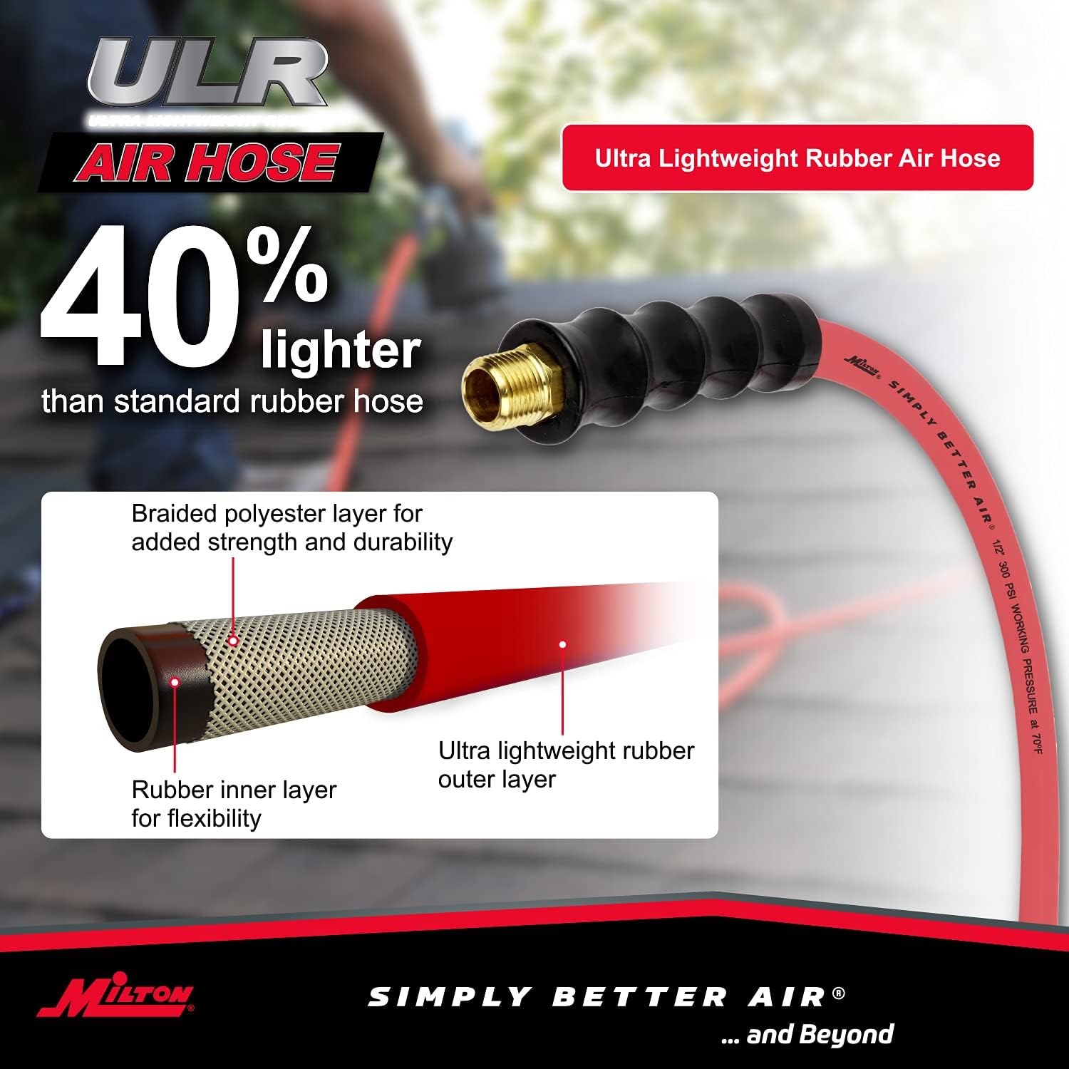Milton Industries ULR125038 1/2" X 50' ULTRA LIGHTWEIGHT RUBBER AIR HOSE WITH 3/8" NPT ENDS