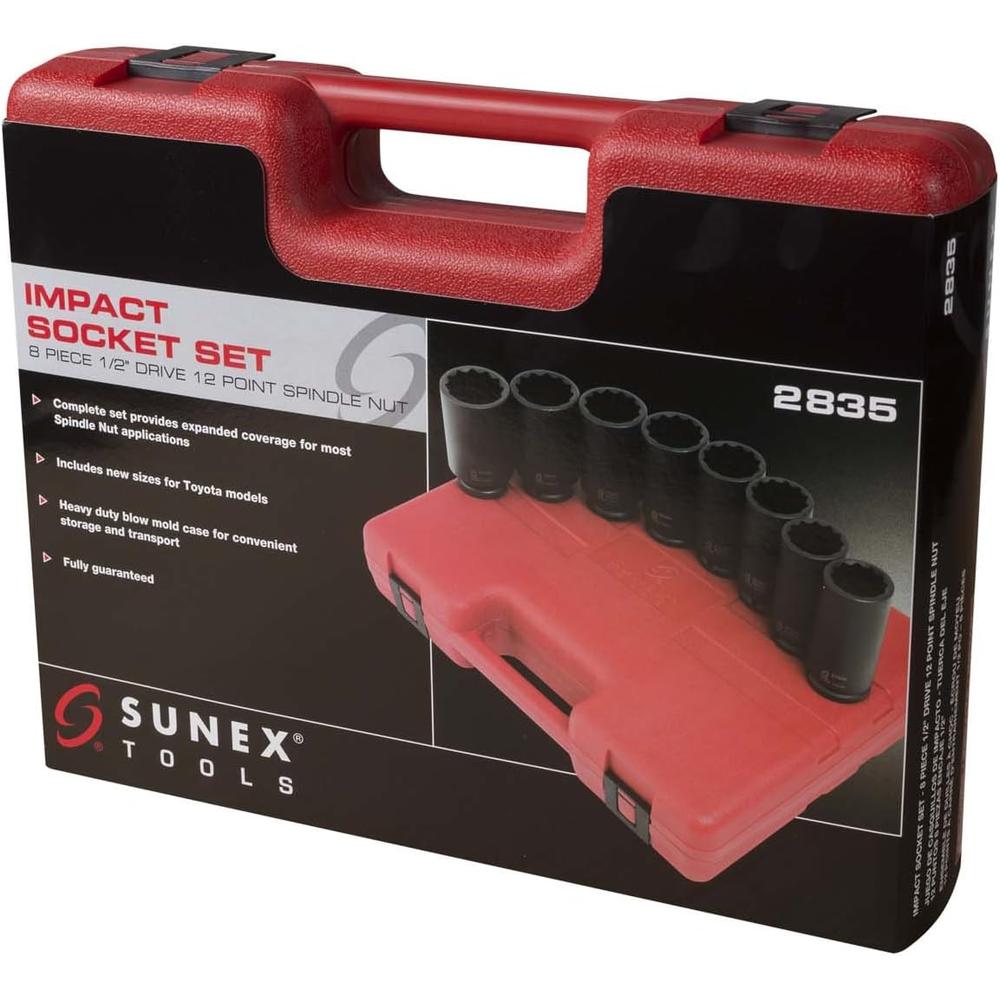Sunex Tools 2835 Jeu de douilles à chocs pour écrou de broche profond, 1/2 po, métrique, standard, 12 pans, Cr-Mo, 29 mm - 39 mm, 8 pièces
