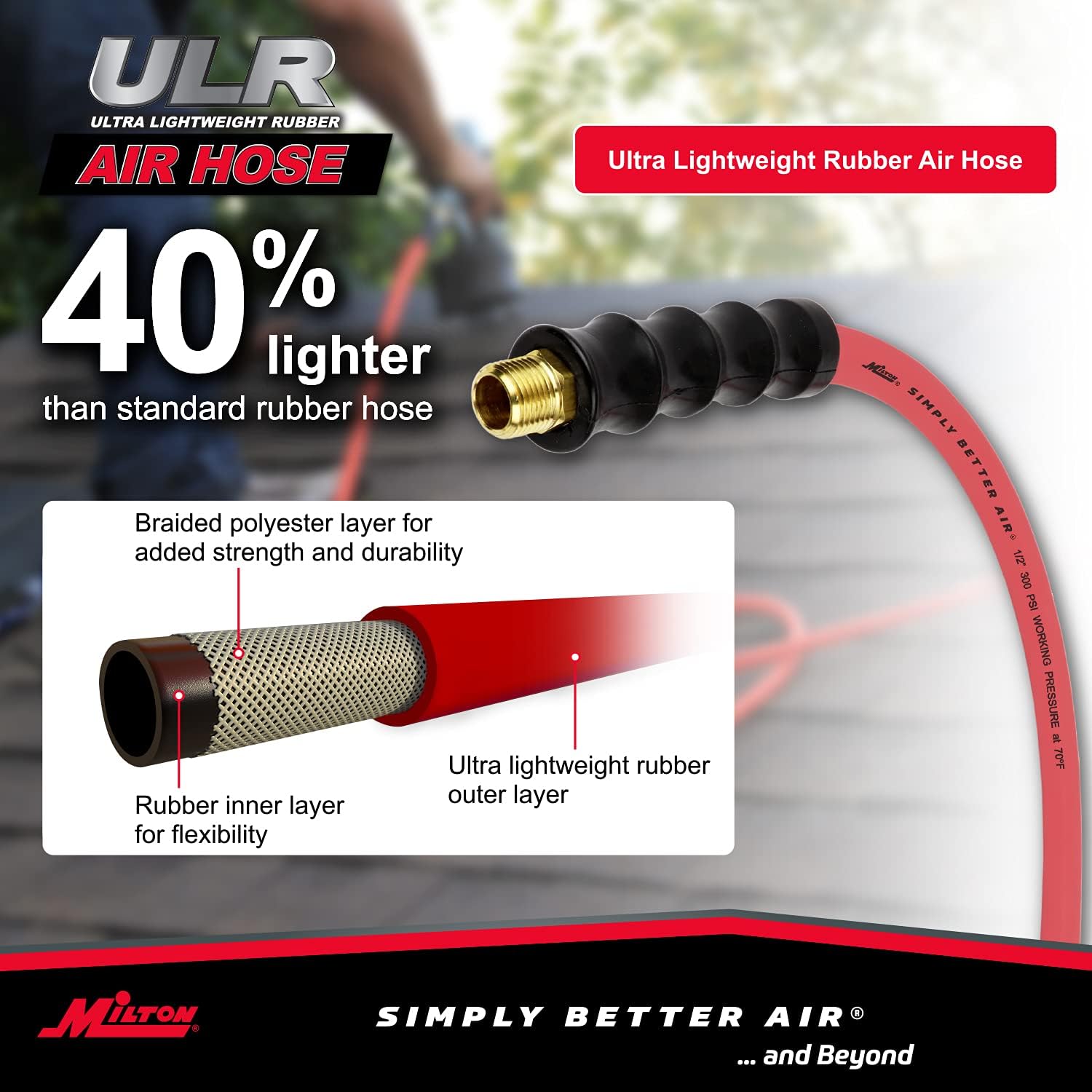 Milton Industries ULR122538 1/2" X 25' ULTRA LIGHTWEIGHT RUBBER AIR HOSE WITH 3/8" NPT ENDS