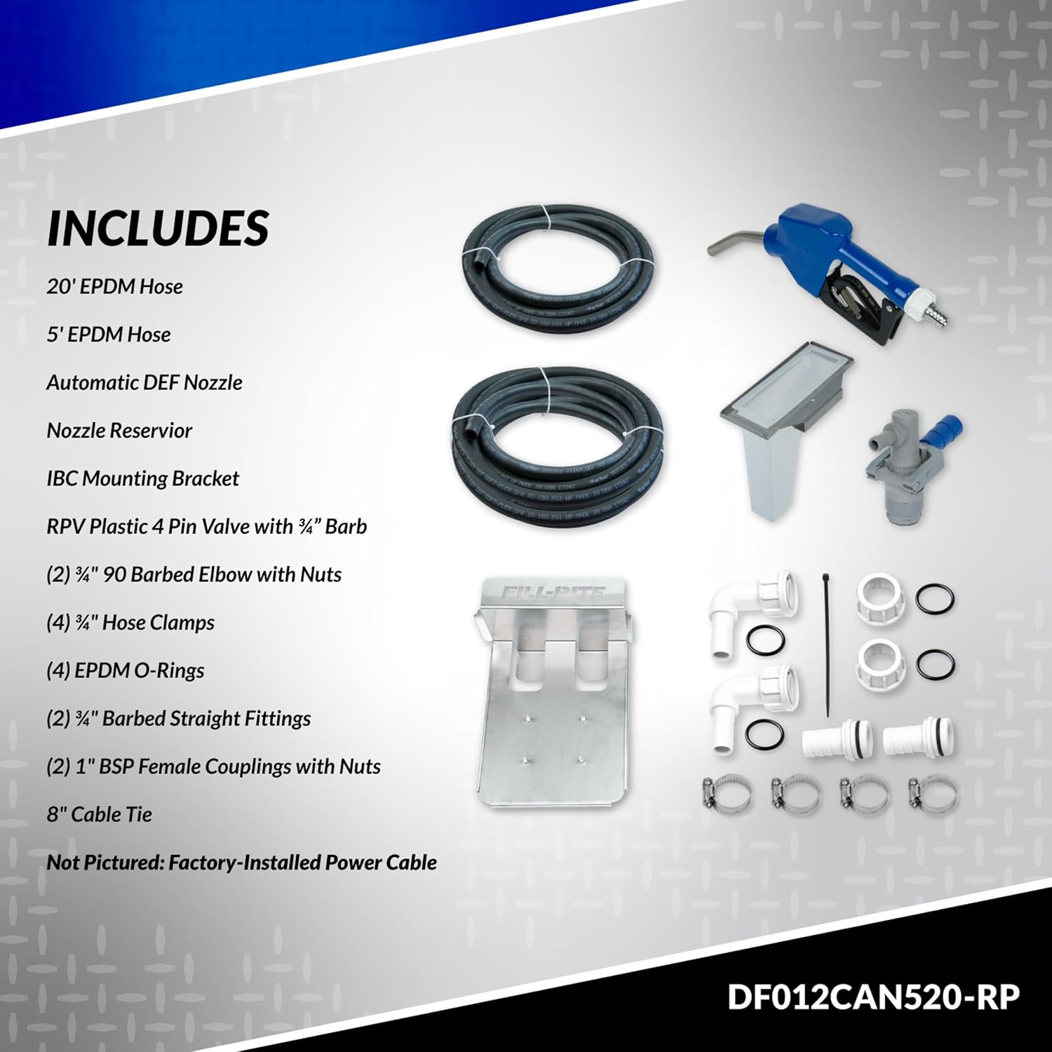 Fill-Rite DF012CAN520-RP 12V DC DEF Pump, Cage IBC Mount Bracket, Nozzle Boot, Automatic Nozzle, 5' Suction Hose, 20' Discharge Hose, Fittings, Micro Matic RPV