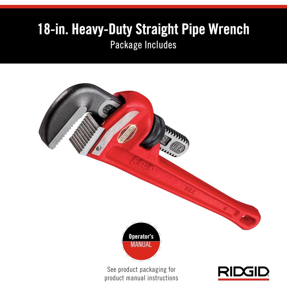 Ridgid 31025 Model 18 Heavy-Duty Straight Pipe Wrench, 18" Plumbing Wrench