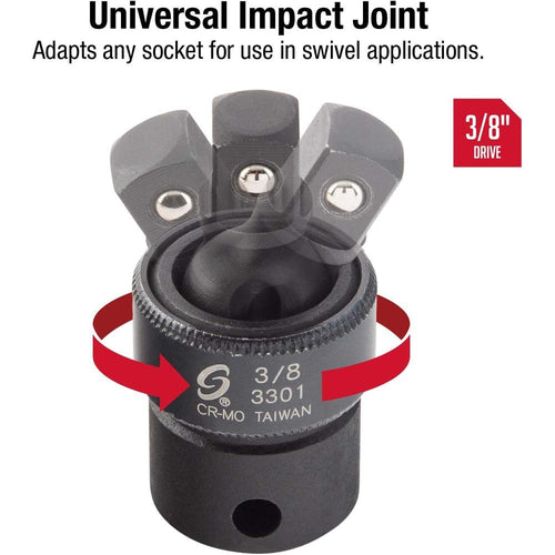 Sunex Tools 3301, 3/8 Inch Drive, Universal Impact Joint, Cr-Mo Alloy Steel, Cr-Mo Steel, Radius Corner Design, Flexible, Meets ANSI Standards