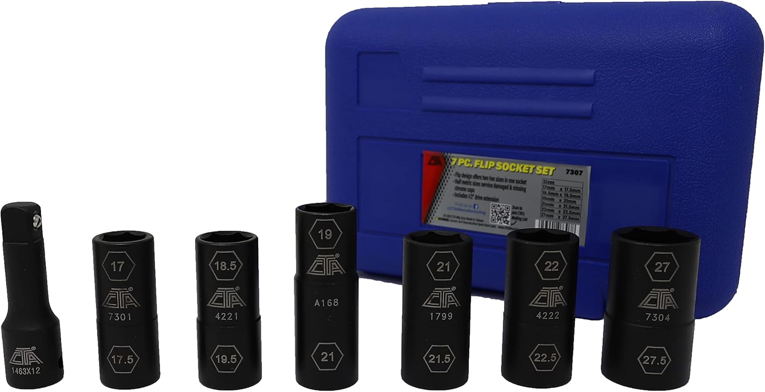 CTA Tools 7307 Lot de 7 douilles à écrous endommagés avec demi-tailles métriques, 17 mm à 27,5 mm