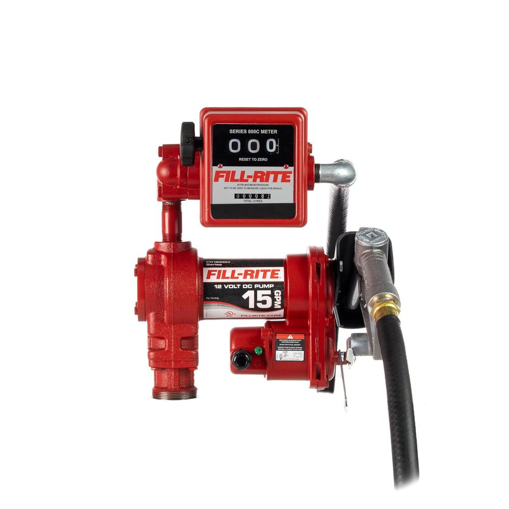 Fill-Rite FR1211HL 57 LPM, pompe 12 V CC, tuyau 3/4" X 12', buse manuelle 3/4", fil de terre 5', câble de batterie 18' calibre 12 à 2 fils, tuyau d'aspiration télescopique en acier (20" à 341 /2"), compteur de litres 807CL.