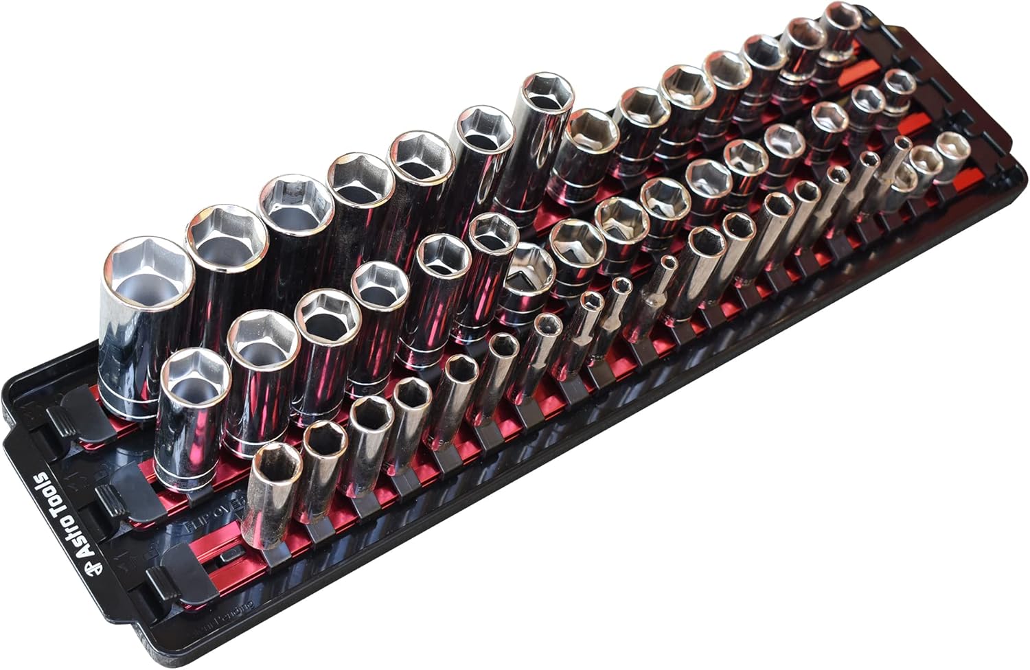 Astro Pneumatic 9023R RED ALUMINUM RAIL SOCKET ORGANIZER TRAY WITH 50 SOCKET HOLDERS FOR 1/4", 3/8" & 1/2" DRIVE SOCKETS