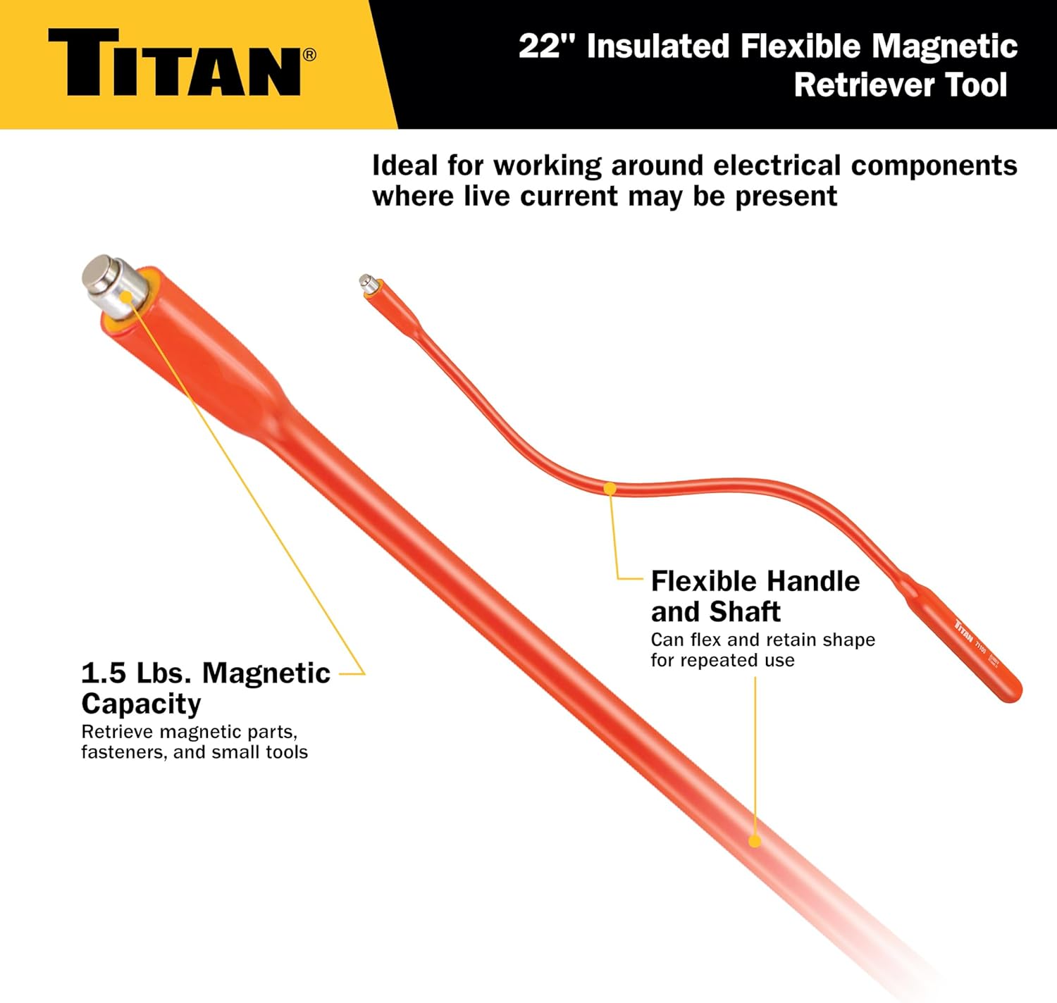 Titan Tools 71100 22" Long 1000V Insulated Flexible Magnetic Pick-Up Tool, 1.5 Lbs Magnetic Capacity