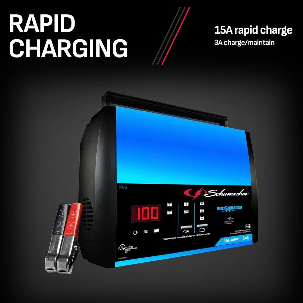 Schumacher Electric SC1359 15/8/3 Amp Charger For Automotive And Marine Batteries
