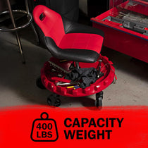 Traxion TRX-2-700R ProGear Race Seat in garage setting showing 400 lb weight capacity badge