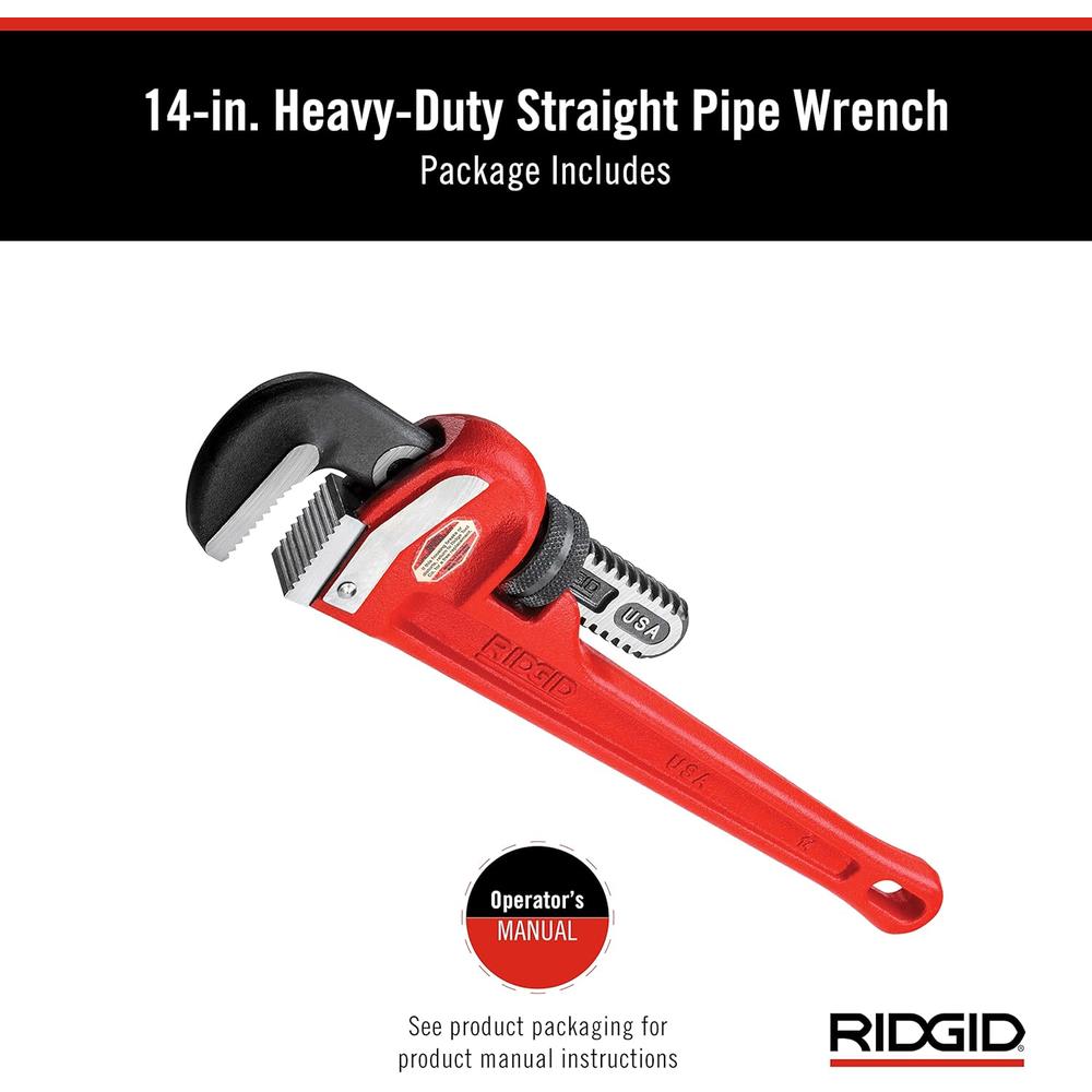 Ridgid 31020 Model 14 Heavy-Duty Straight Pipe Wrench, 14" Plumbing Wrench - Red, Small