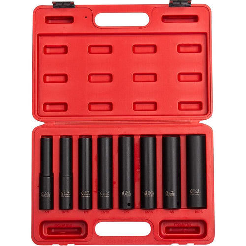 Sunex Tools 2848 1/2 in. Drive Impact Socket Set, Extra Long Deep, 8 pieces, SAE, 1/2"-15/16", Cr-Mo Alloy Steel, Radius Corner Design, Dual Size Markings, Heavy Duty Storage Case
