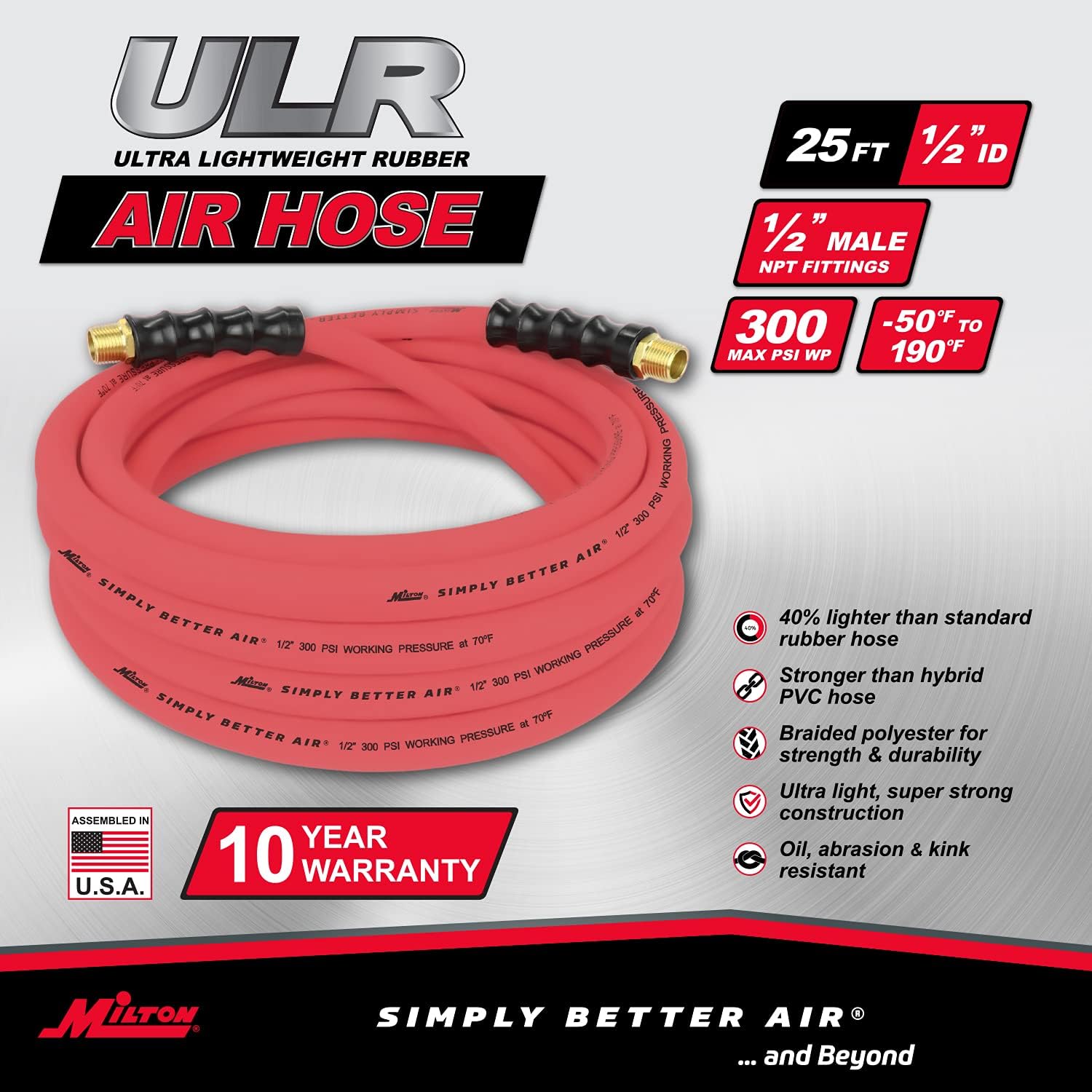 Milton Industries ULR122512 Tuyau d'air en caoutchouc ultra léger de 1/2" x 25' avec extrémités NPT de 1/2"
