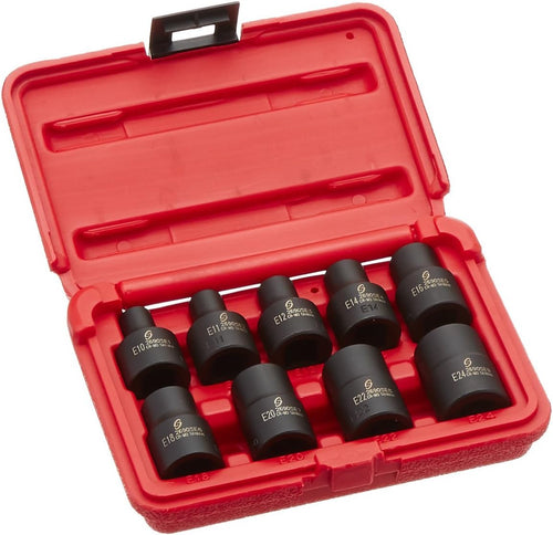 Sunex 2690SE 1/2-Inch Drive External Star Impact Socket Set, Standard, 6-Point, Cr-Mo, E10 - E24, 9-Piece