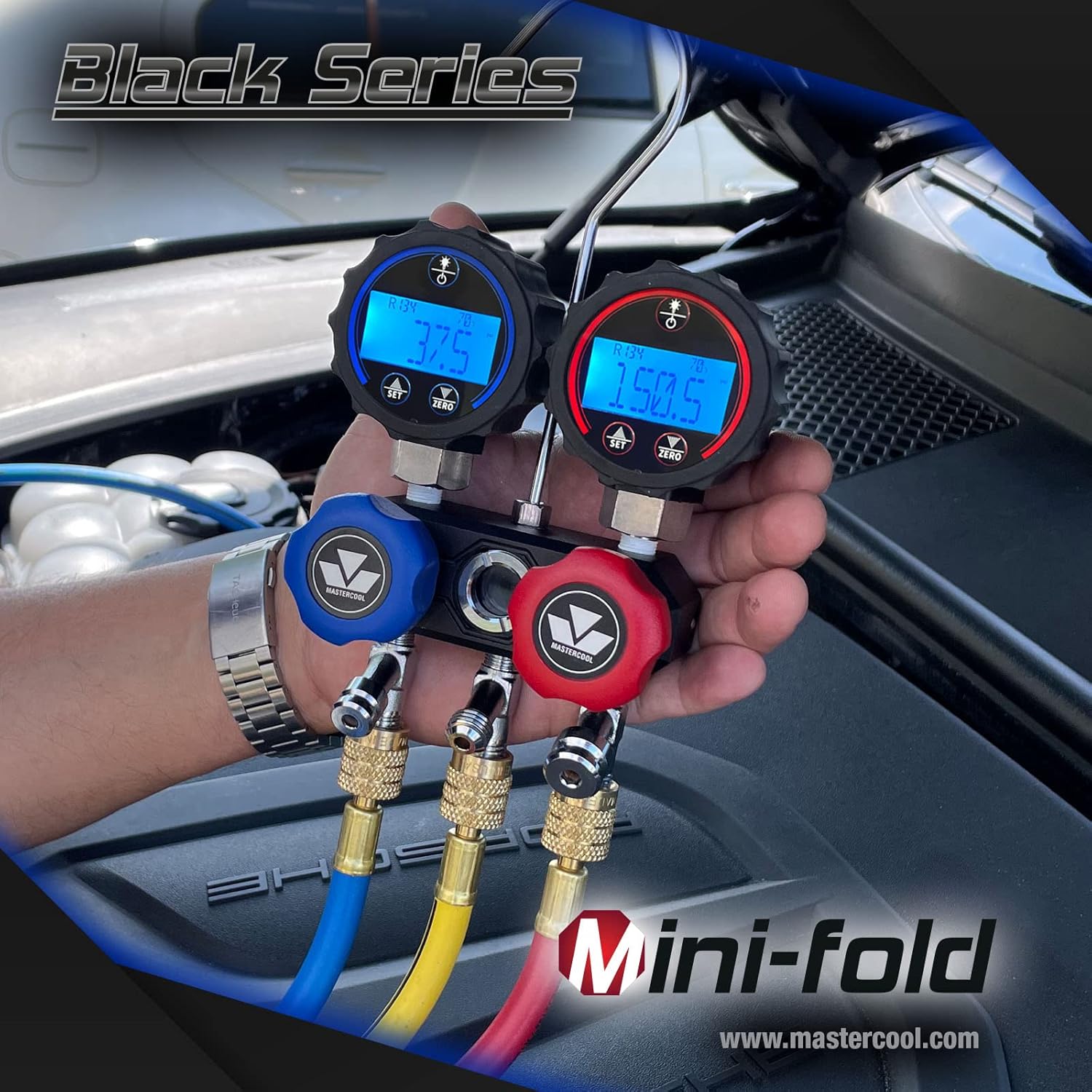 Mastercool 84472 BLACK SERIES MINI-FOLD R134A COMPACT 2-WAY ALUMINUM MANIFOLD SET