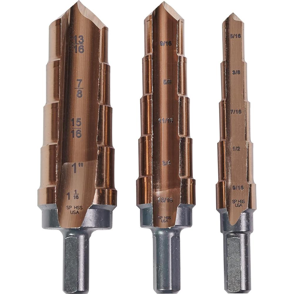 KnKut 3KK4SR 3-PC STEP DRILL BIT & REAMER SET, 3/8" SHANK, 5 STEPS, 5/16" - 9/16", 9/16" - 13/16", 13/16" - 1-1/16"