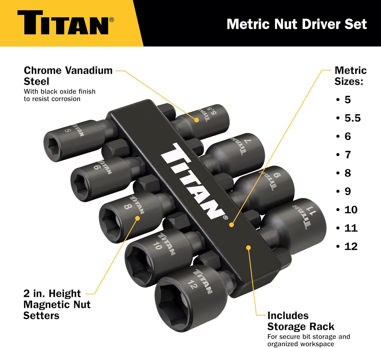 Titan Tools 16297 9pc Magnetic Metric Impact Nut Driver Kit, 5mm-12mm