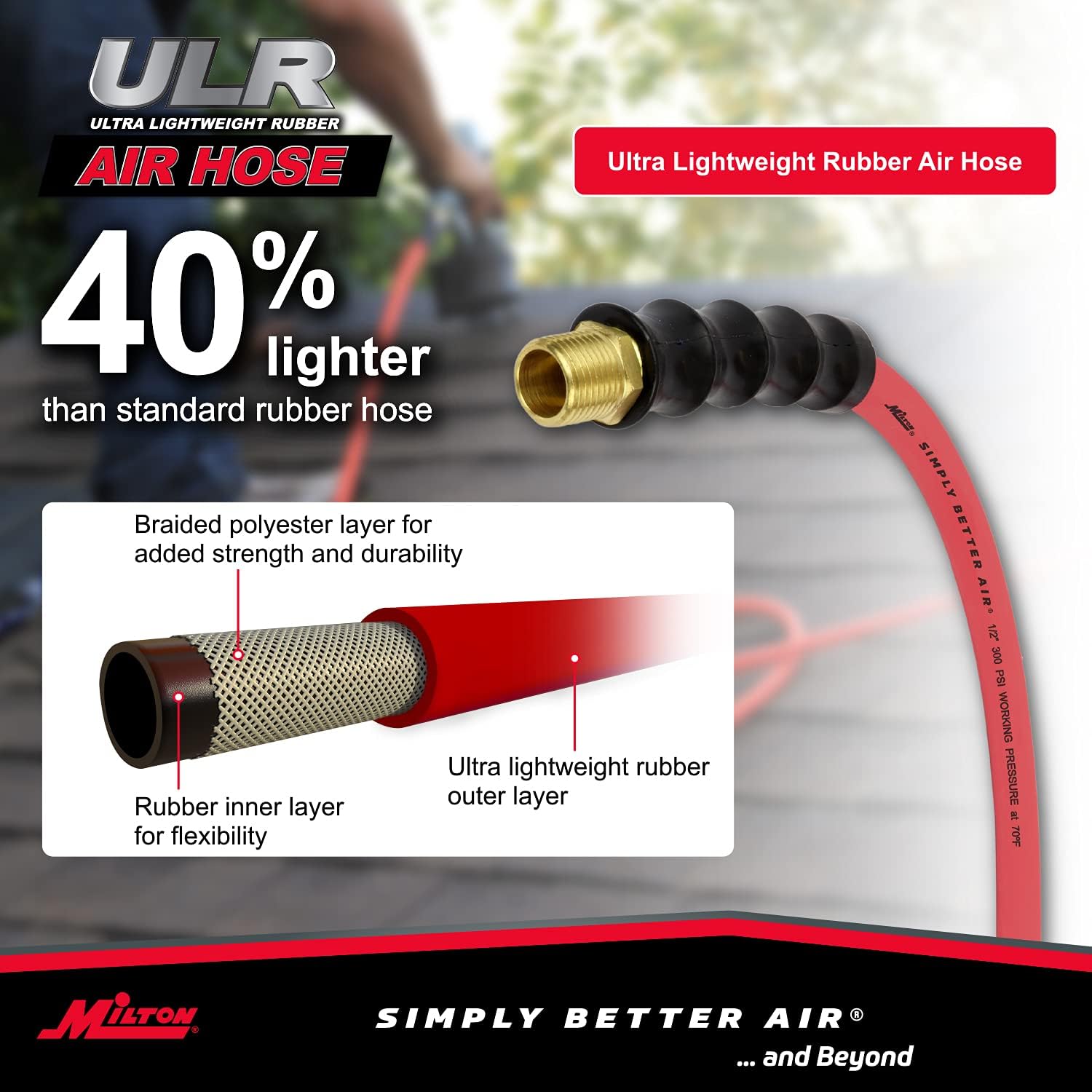 Milton Industries ULR125012 Tuyau d'air en caoutchouc ultra léger 1/2" x 50' avec extrémités 1/2" NPT
